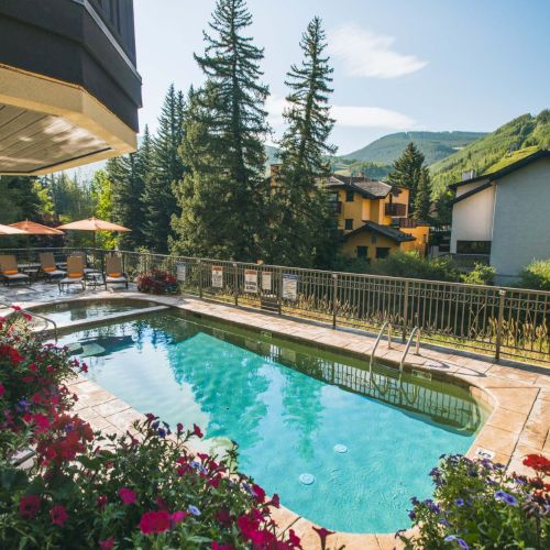 A sunny poolside scene with a blue swimming pool, surrounding flowers, lounge chairs, and a backdrop of trees and mountains, serene and inviting.