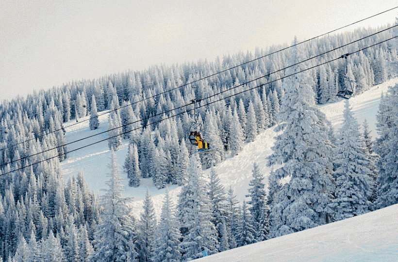 Snowy mountain slopes with dense pine trees, a chairlift line snaking up, and a small yellow gondola car gliding through winter air.