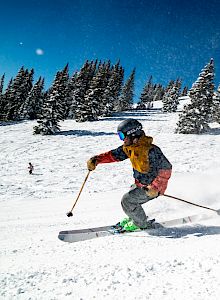 A person skiing downhill on a snowy slope, carving turns with trees in the background under a clear blue sky.